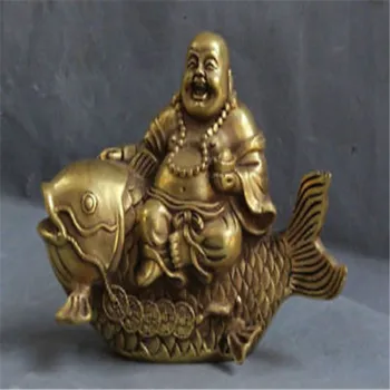 Kitajska Medenina Yuan bao bogastvo Vesel Smeh Maitreja Buda Vožnjo Ribe Kip