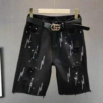 Črna Traper Hlače Ženske Poletje Harajuku Priložnostne Luknjo Jeans Hlače Korejski Modni Diamant Pantalones De Mujer Cintura Alta
